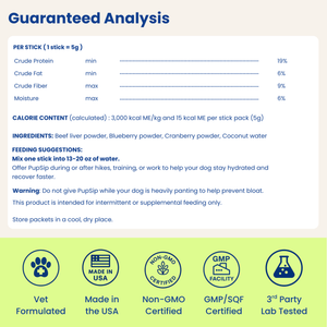 PupSip Product label with guaranteed analysis, calorie content, ingredients, feeding suggestions, and certification logos.