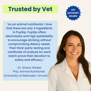 Woman in a white coat with text about PupSip and a Vet Advisory Board badge.