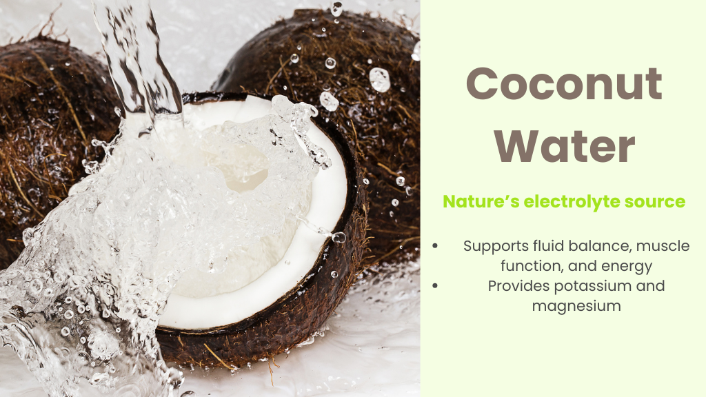 fresh coconut water imagery with text highlighting coconut water as a natural electrolyte source (potassium & sodium) in PupSip hydration mix