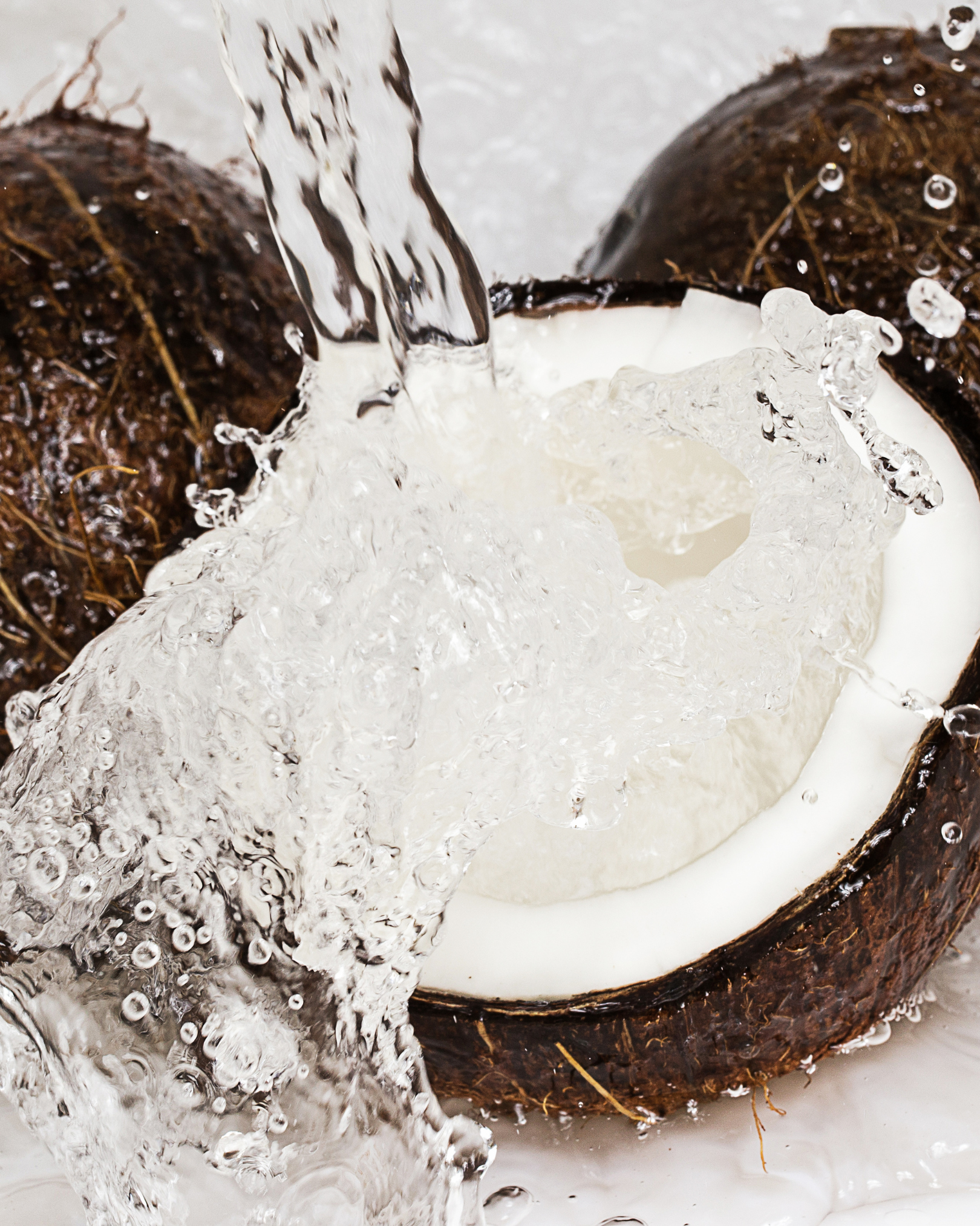Coconut being splashed with coco water, representing coconut water – a natural hydration ingredient used in PupSip by My Dog’s Kitchen