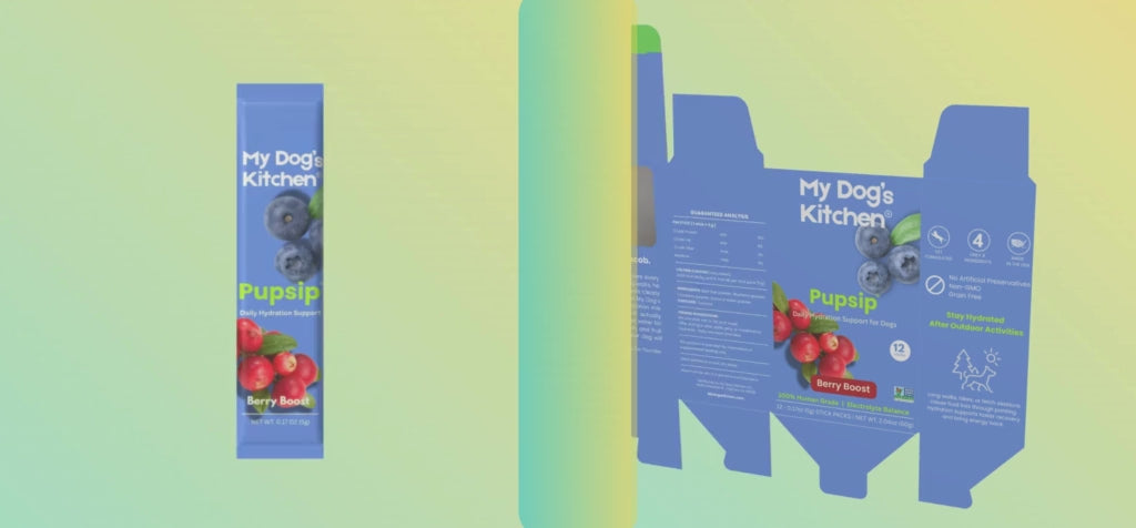 energetic dog enjoying a bowl of PupSip Berry Boost hydration drink after an outdoor play session