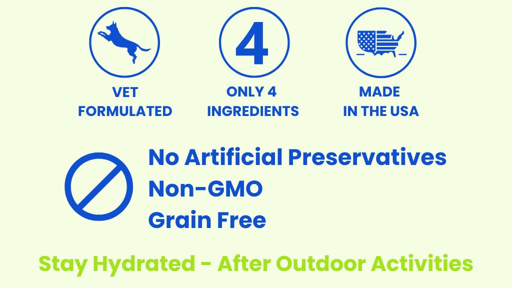 vet-formulated, only four ingredients, made in the USA, no artificial preservatives, non-GMO, grain-free, with tagline ‘Stay Hydrated – After Outdoor Activities